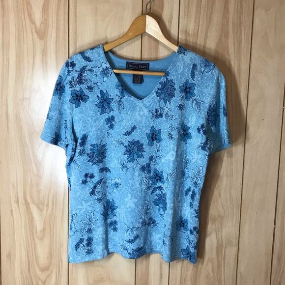 Laura Scott Floral V-Neck Short Sleeve Sweater Top L - Picture 1 of 4